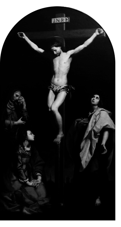 Le Christ crucifié, androgyne, imberbe et sensuel, est entouré des trois femmes. L'une pleure, les trois autres expriment leur dévotion.